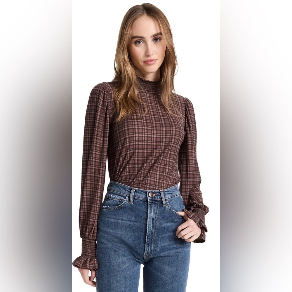 Nation LTD Brown Prim & Proper Plaid Smocked Neck Long Sleeve Top Size XS